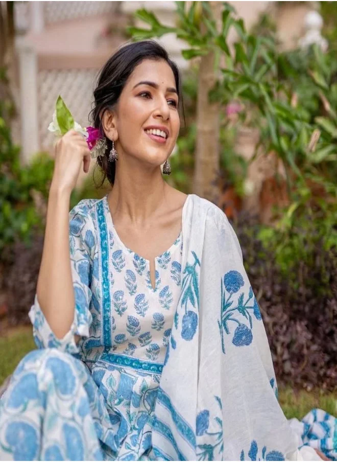 زيري سوق Sky Blue Jaal Printed Kurta Dupatta Set