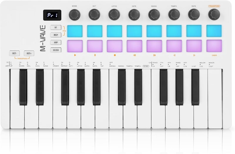 M ويف وحدة تحكم لوحة مفاتيح 25 مفتاح USB MIDI مع 16 وسادة طبلة مضاءة خلفيًا، لوحة مفاتيح ديناميكية احترافية نصف موزونة بلوتوث مع 8 مقابض وإنتاج موسيقي، يتضمن البرنامج (16 طبلة أبيض) - Image 1