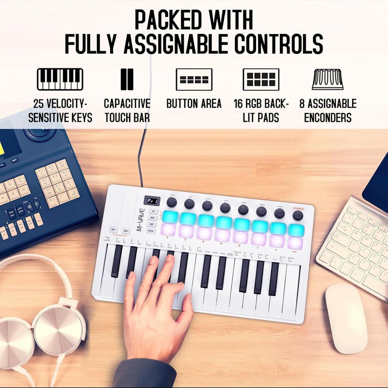 M ويف وحدة تحكم لوحة مفاتيح 25 مفتاح USB MIDI مع 16 وسادة طبلة مضاءة خلفيًا، لوحة مفاتيح ديناميكية احترافية نصف موزونة بلوتوث مع 8 مقابض وإنتاج موسيقي، يتضمن البرنامج (16 طبلة أبيض) - Image 3
