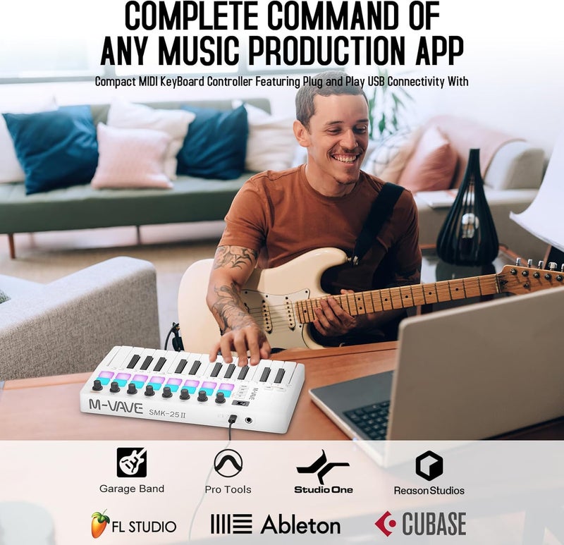 M ويف وحدة تحكم لوحة مفاتيح 25 مفتاح USB MIDI مع 16 وسادة طبلة مضاءة خلفيًا، لوحة مفاتيح ديناميكية احترافية نصف موزونة بلوتوث مع 8 مقابض وإنتاج موسيقي، يتضمن البرنامج (16 طبلة أبيض) - Image 2