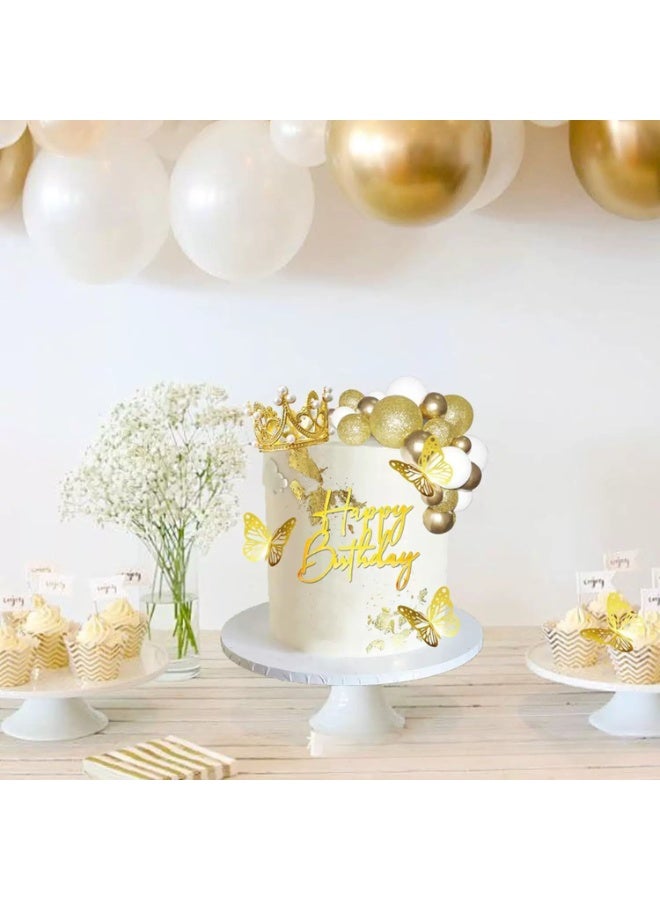 Gold Crown & Butterfly Cake Topper Set, Metallic Happy Birthday Sign, Pearl Crown, Golden Butterflies and Ball Picks for Birthday Party - Image 4