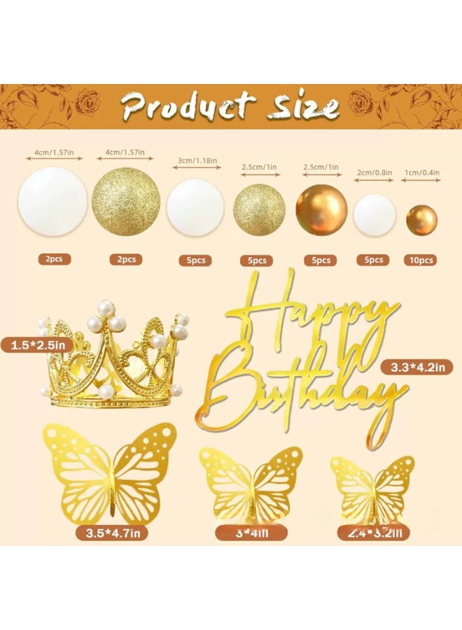 Gold Crown & Butterfly Cake Topper Set, Metallic Happy Birthday Sign, Pearl Crown, Golden Butterflies and Ball Picks for Birthday Party - Image 2
