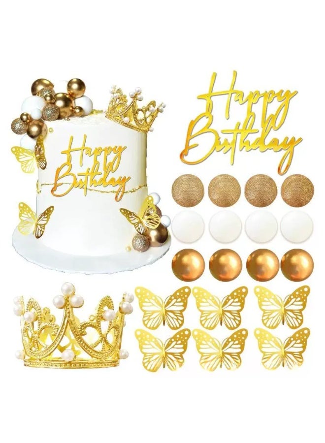 Gold Crown & Butterfly Cake Topper Set, Metallic Happy Birthday Sign, Pearl Crown, Golden Butterflies and Ball Picks for Birthday Party - Image 1