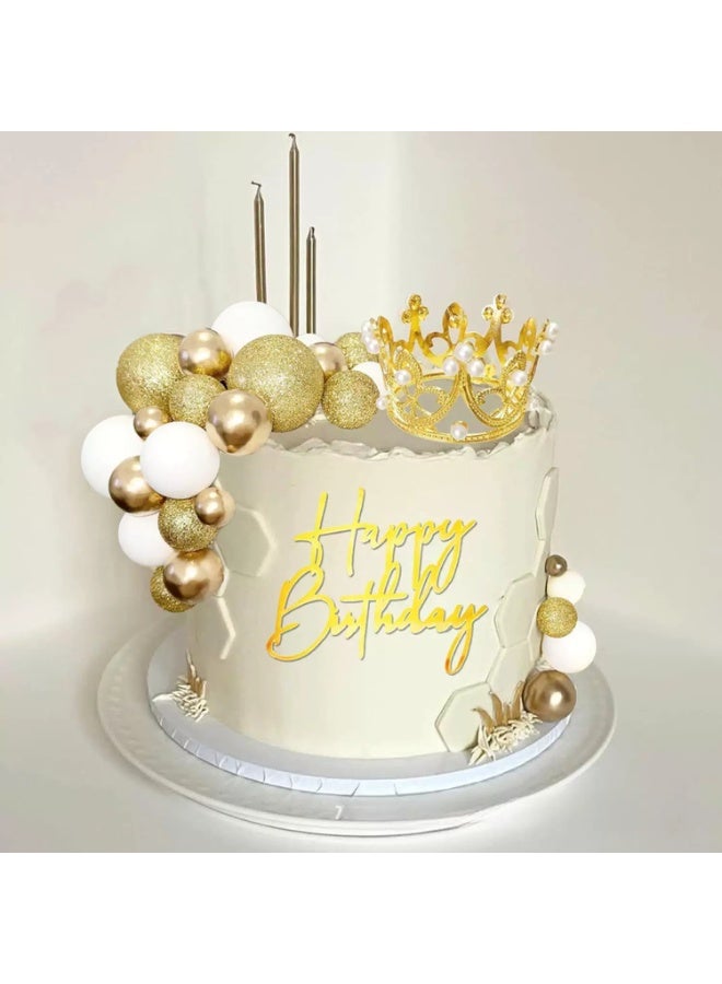 Gold Crown & Butterfly Cake Topper Set, Metallic Happy Birthday Sign, Pearl Crown, Golden Butterflies and Ball Picks for Birthday Party - Image 3