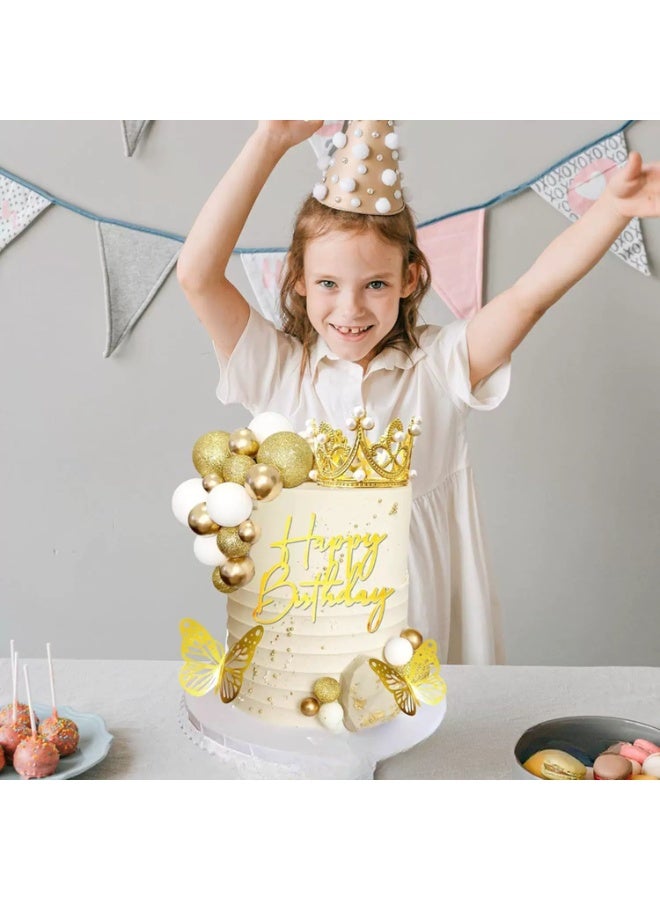 Gold Crown & Butterfly Cake Topper Set, Metallic Happy Birthday Sign, Pearl Crown, Golden Butterflies and Ball Picks for Birthday Party - Image 5