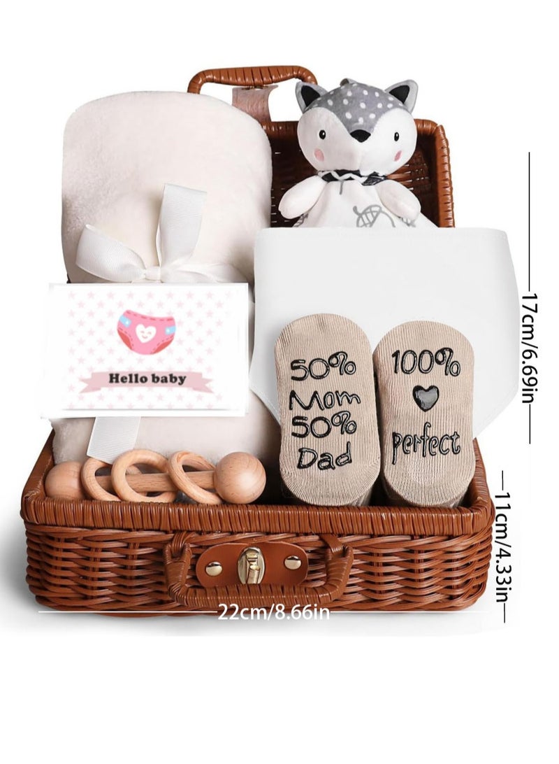 Flushrenic Baby Gift Basket,Baby Gifts for Girls Boys, Unique Baby Gifts Basket Essentials Stuffs - Baby Lovey Blanket Newborn Bibs Socks Wooden Rattle & Greeting Card, Newborn Baby Gift Set（Random greeting card styles） - Image 2