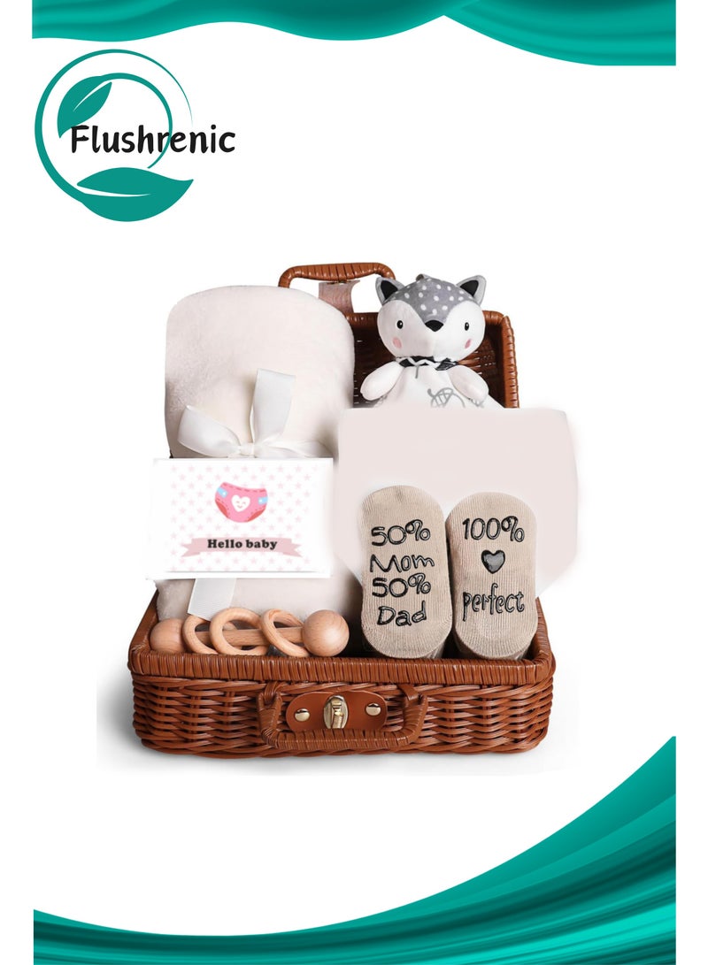 Flushrenic Baby Gift Basket,Baby Gifts for Girls Boys, Unique Baby Gifts Basket Essentials Stuffs - Baby Lovey Blanket Newborn Bibs Socks Wooden Rattle & Greeting Card, Newborn Baby Gift Set（Random greeting card styles） - Image 1
