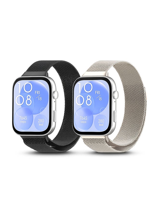 O Ozone (Pack of 2) Straps Compatible with Huawei Watch Fit 4 / Fit 4 Pro/Fit 3, Metal Mesh with Magnetic Closure, Magnetic Milanese Loop Replacement for Men & Women - Black/Silver - Image 1