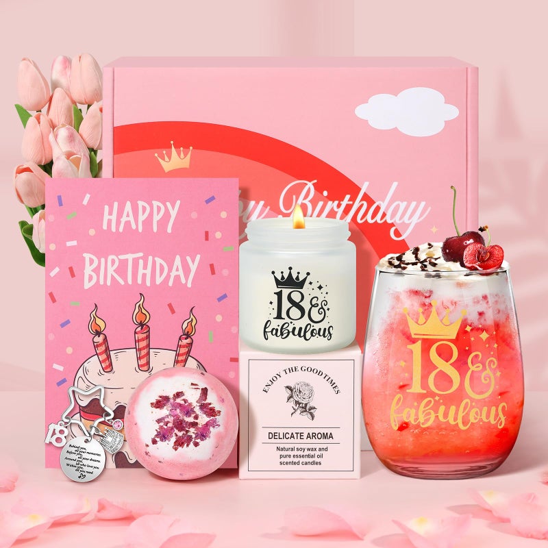 Tecanne 18th Birthday Gifts for Girls Birthday Pamper Gifts for Her Personalised Glass 18th Wine Glass Gift Set Gin Gift Box for Daughter Sister Best Friends
