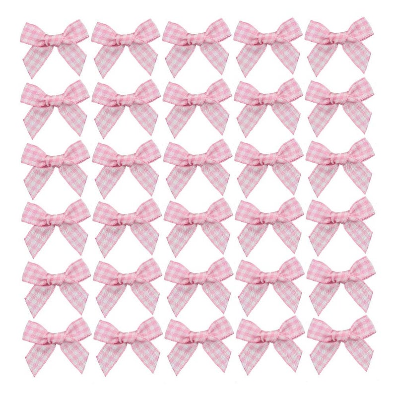 7Rainbows 50pcs Boutique Mini Pink Gingham Ribbon Bows Appliques DIY Craft for Sewing Scrapbooking Wedding and Gift
