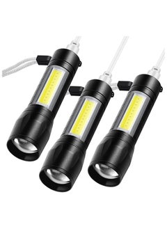 كشاف يد بحجم الجيب باضاءة LED COB قابل للتكبير ومن 3 انماط للاضاءة، شحن USB  (عبوة من 3 قطع)