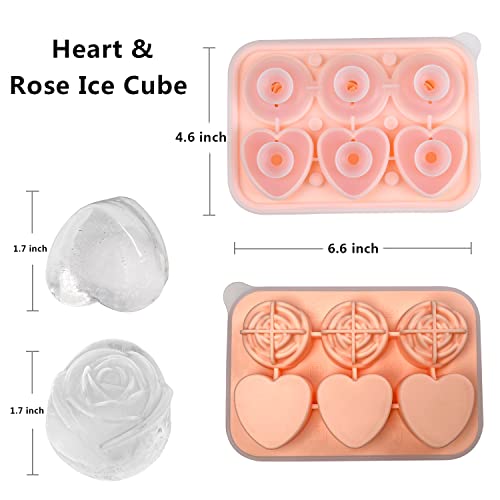 IDVVSSX Rose Ice Cube Mold, Heart Shapes Ice Cube Tray, Silicone Ice Mold Fun Shapes with Clear Funnel-type Lid, 3 Heart & 3 Rose Ice Balls for Chilling Whiskey Cocktails Drinks, Pink - Image 2