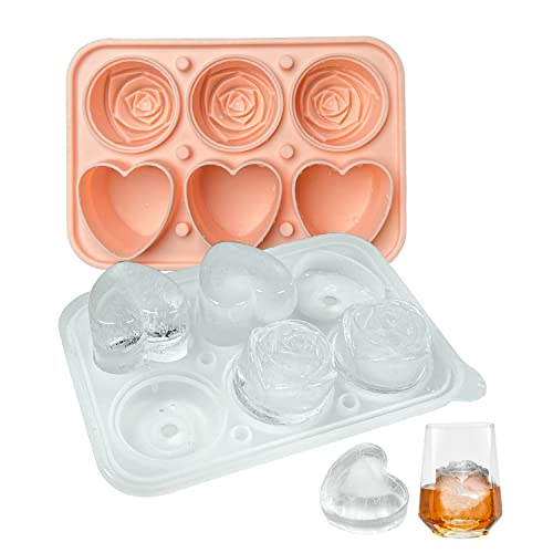 IDVVSSX Rose Ice Cube Mold, Heart Shapes Ice Cube Tray, Silicone Ice Mold Fun Shapes with Clear Funnel-type Lid, 3 Heart & 3 Rose Ice Balls for Chilling Whiskey Cocktails Drinks, Pink - Image 1