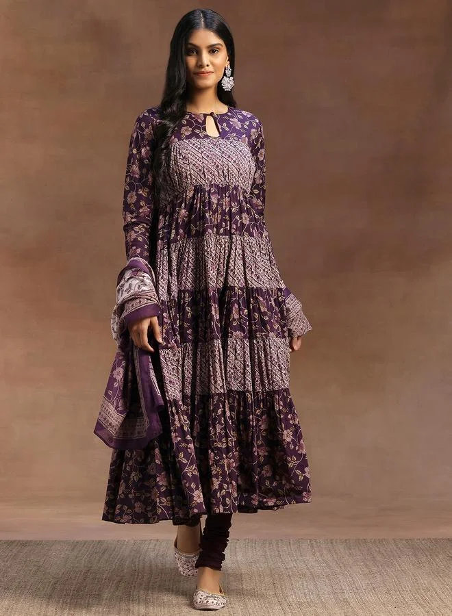 Libas Purple Printed Cotton A-Line Kurta, Churidar and Dupatta Set