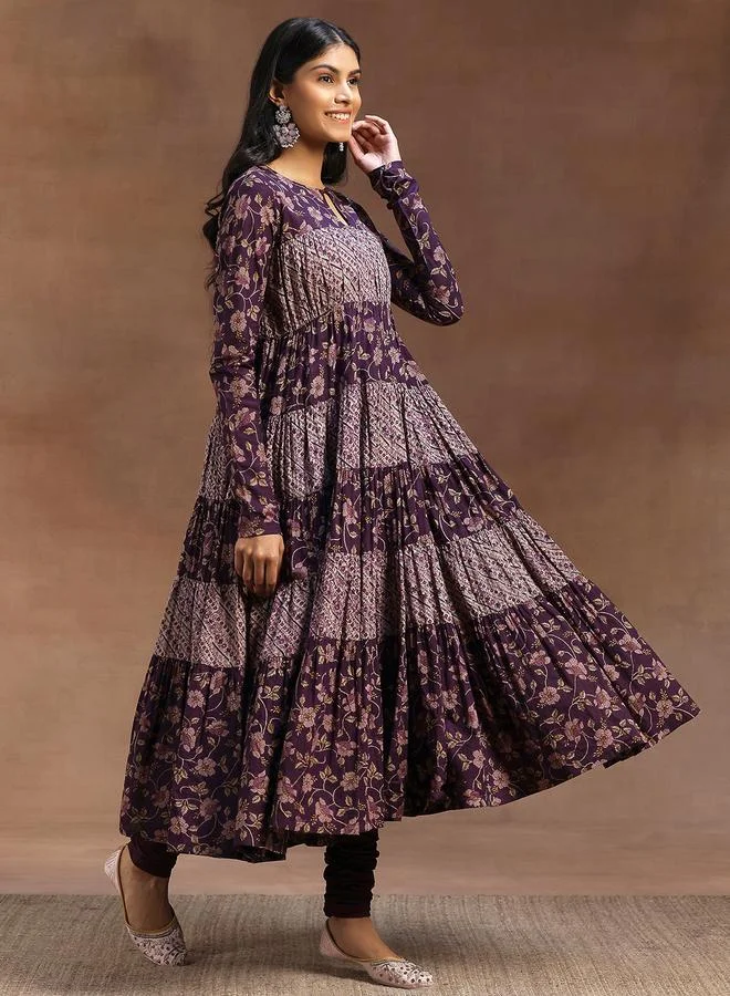 Libas Purple Printed Cotton A-Line Kurta, Churidar and Dupatta Set