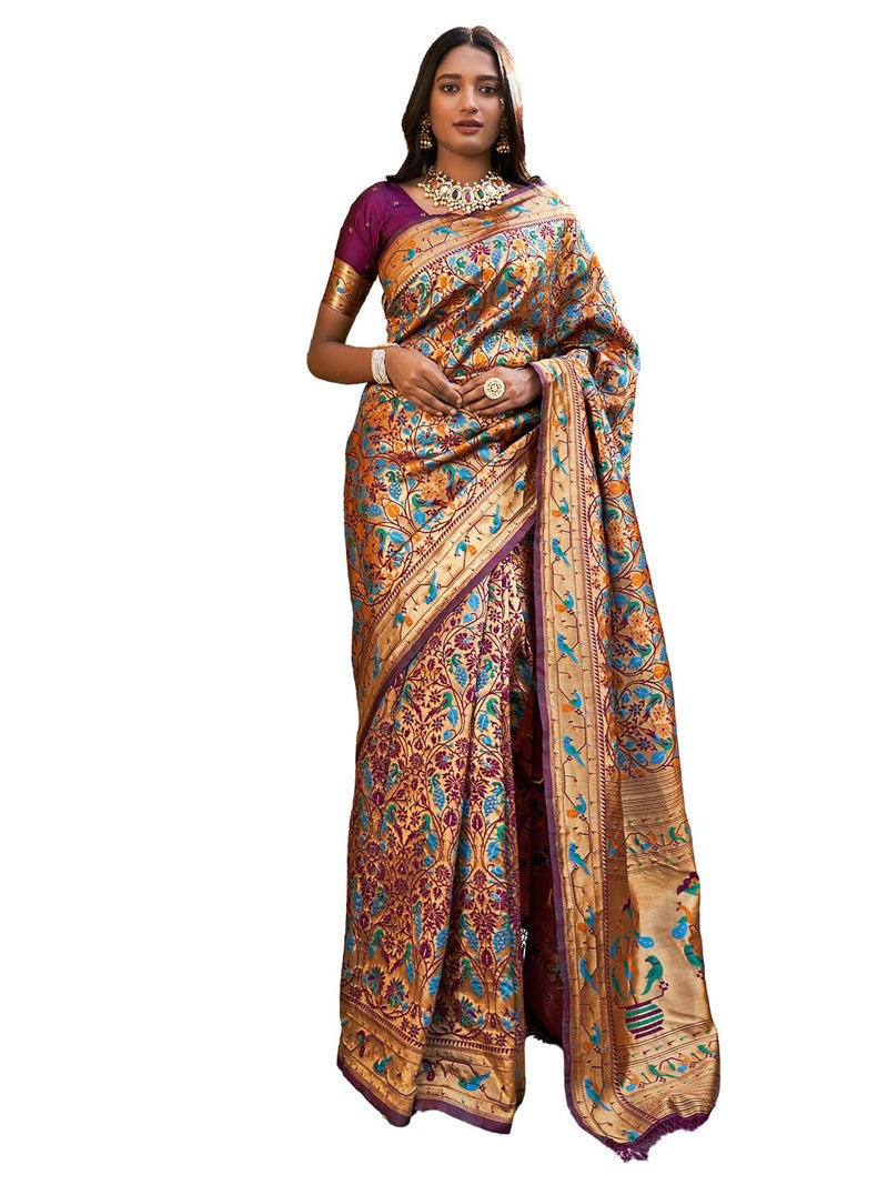 Janasya Women's Wine Paithani Silk Woven Bagh Design Saree with Unstitched Blouse Piece - Image 1