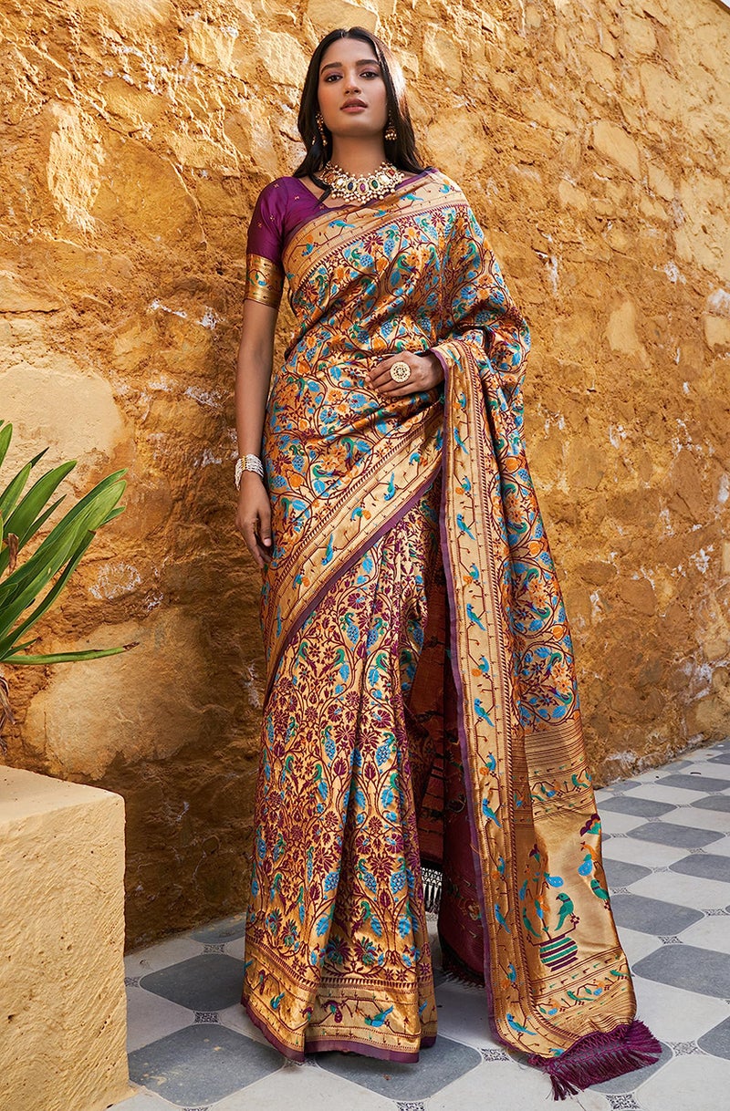 Janasya Women's Wine Paithani Silk Woven Bagh Design Saree with Unstitched Blouse Piece - Image 3