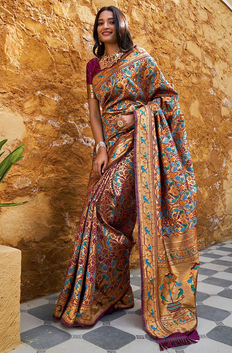 Janasya Women's Wine Paithani Silk Woven Bagh Design Saree with Unstitched Blouse Piece - Image 4