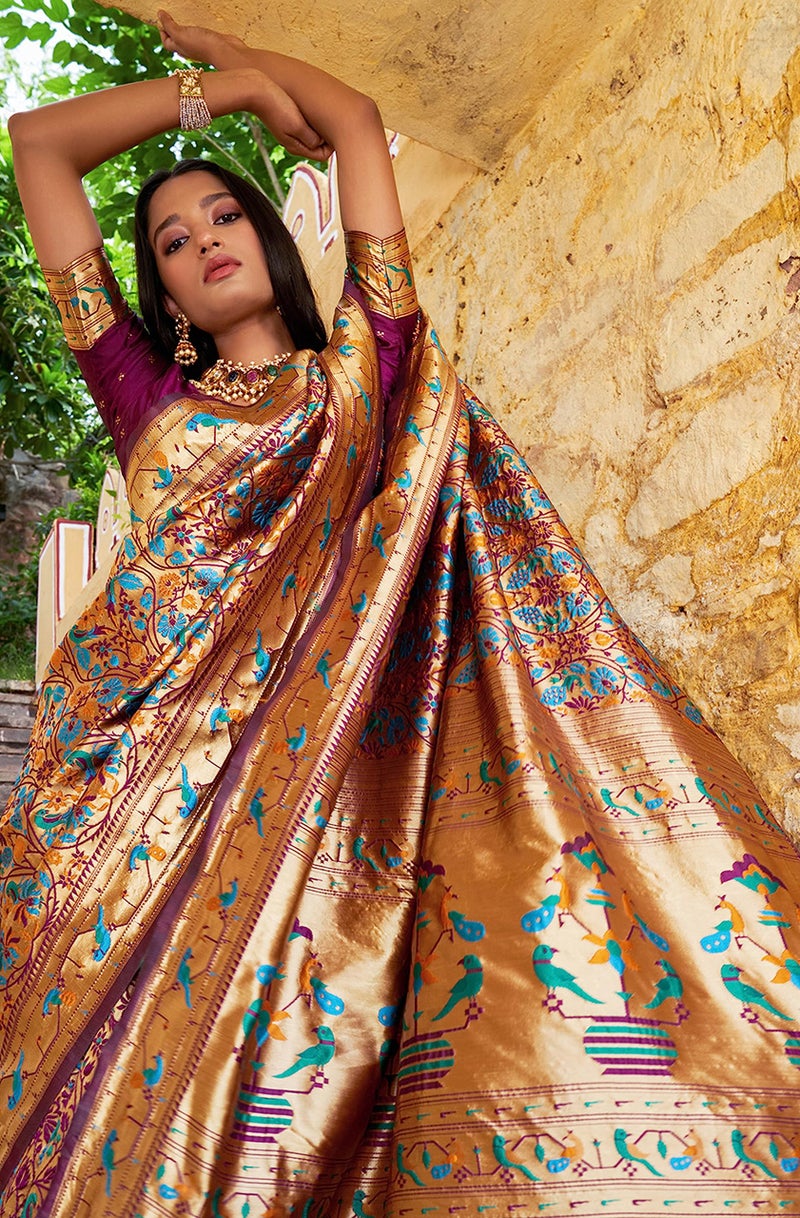 Janasya Women's Wine Paithani Silk Woven Bagh Design Saree with Unstitched Blouse Piece - Image 5