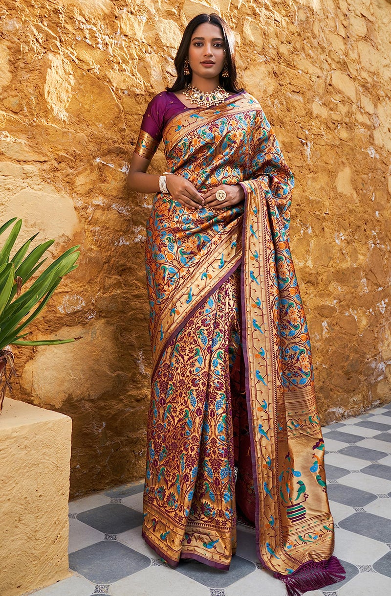 Janasya Women's Wine Paithani Silk Woven Bagh Design Saree with Unstitched Blouse Piece - Image 2