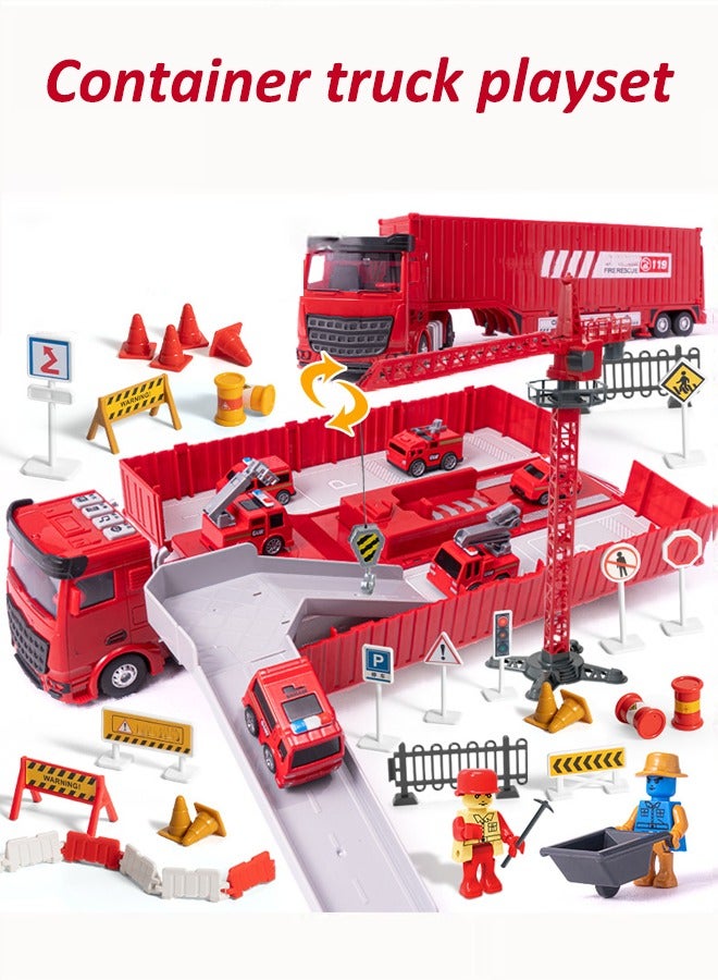 Container Truck Playset Fire Container Truck Toys Foldable Truck Toys With Crane Inertial Drive With Lights and Music - Image 3