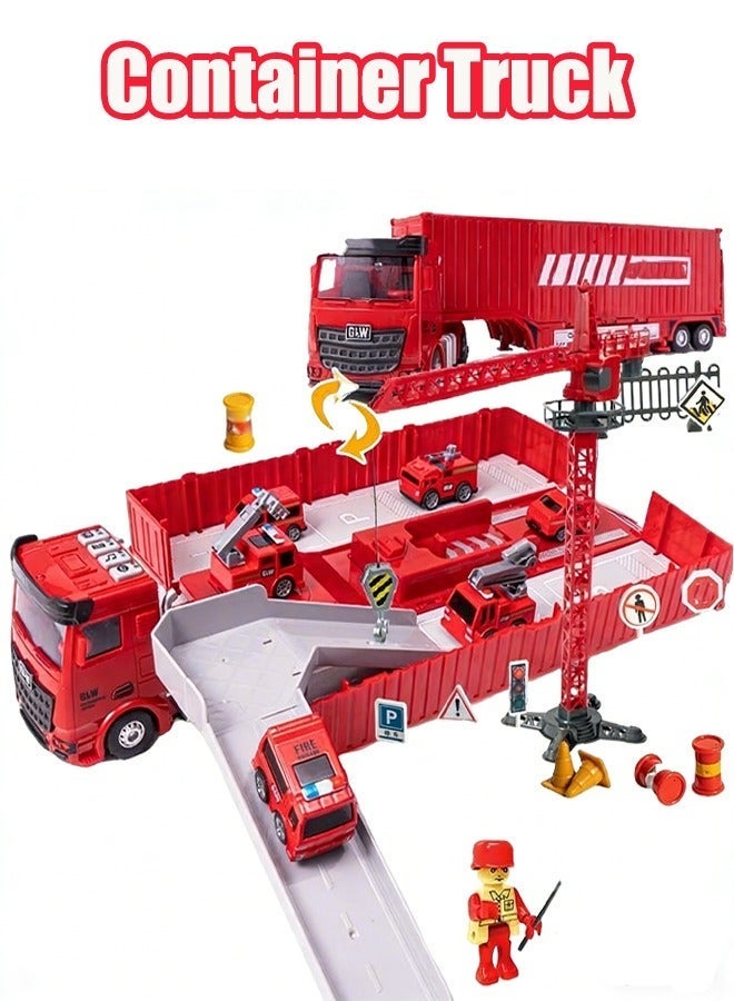 Container Truck Playset Fire Container Truck Toys Foldable Truck Toys With Crane Inertial Drive With Lights and Music - Image 1