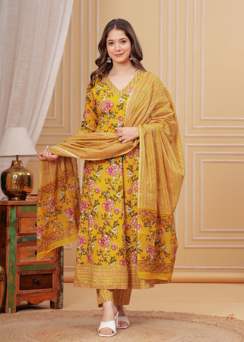 MEERA FAB Women's Pure Cotton V-Neck Anarkali Printed Kurta with Palazzo and Dupatta - Image 5