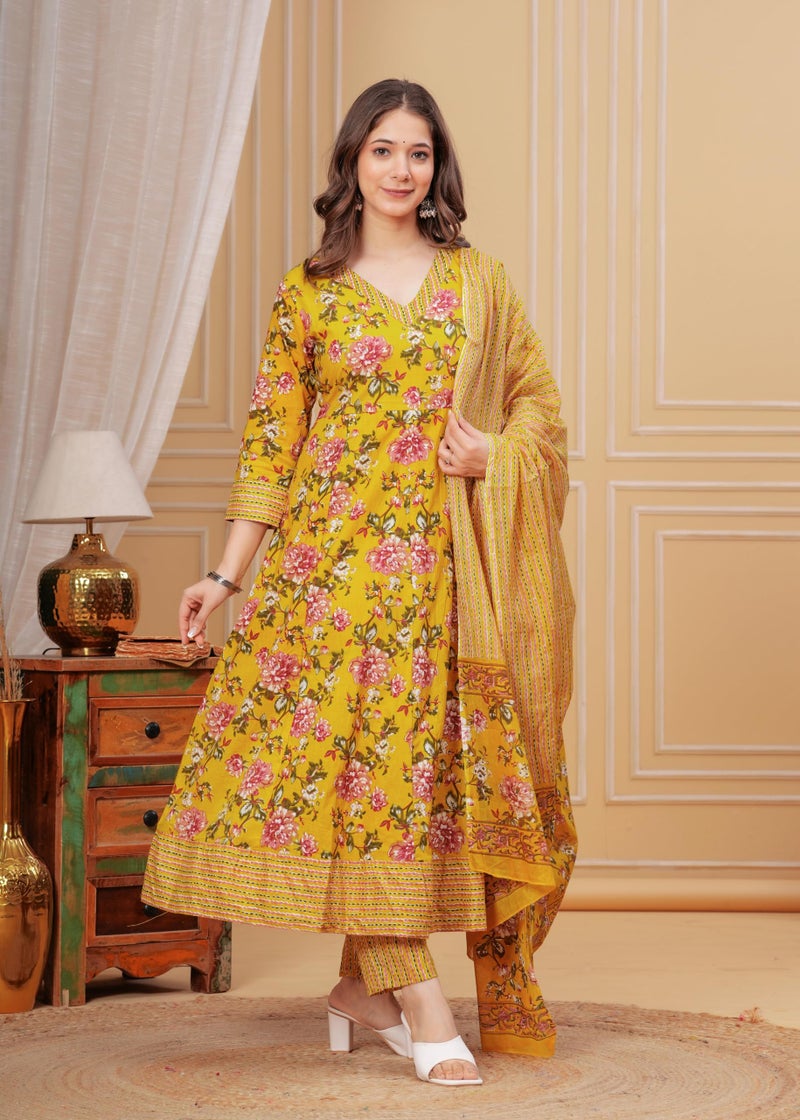 MEERA FAB Women's Pure Cotton V-Neck Anarkali Printed Kurta with Palazzo and Dupatta - Image 3