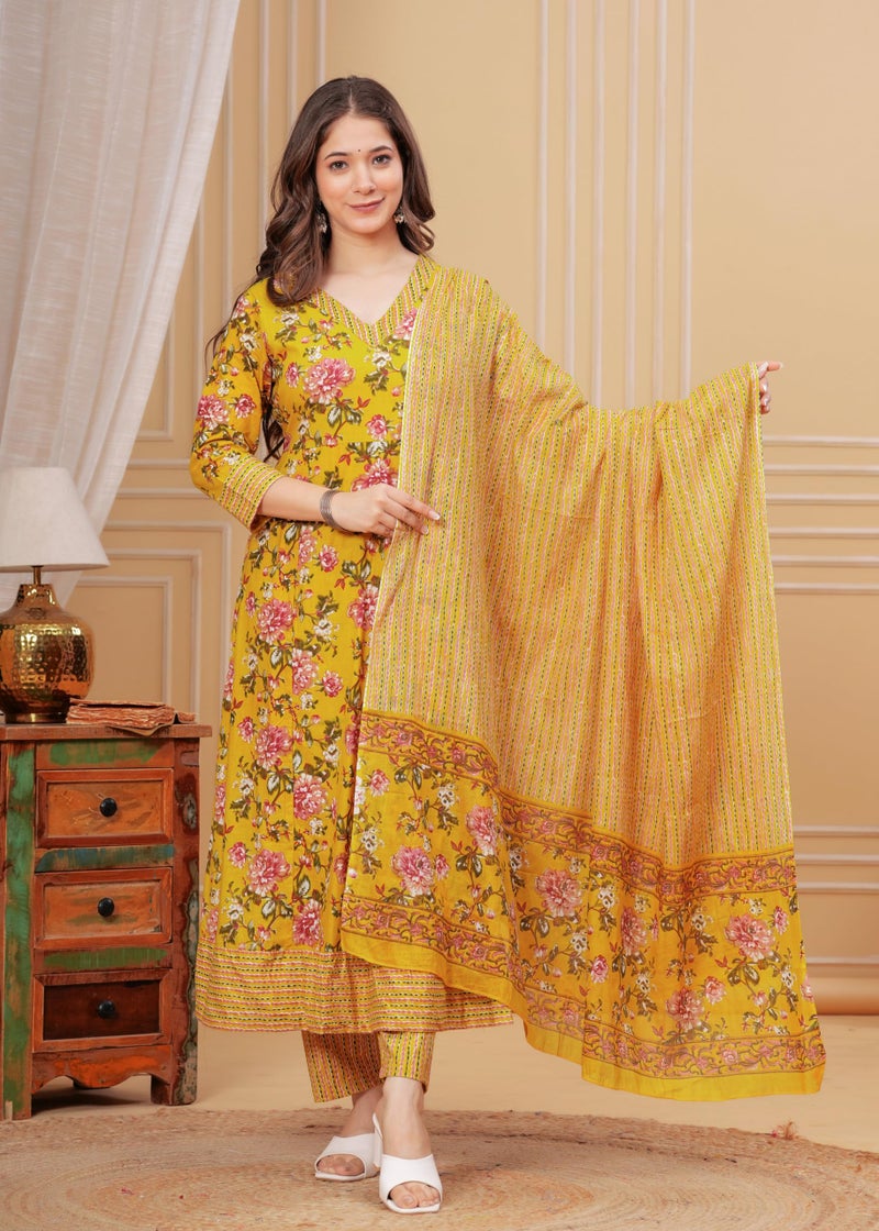 MEERA FAB Women's Pure Cotton V-Neck Anarkali Printed Kurta with Palazzo and Dupatta - Image 2