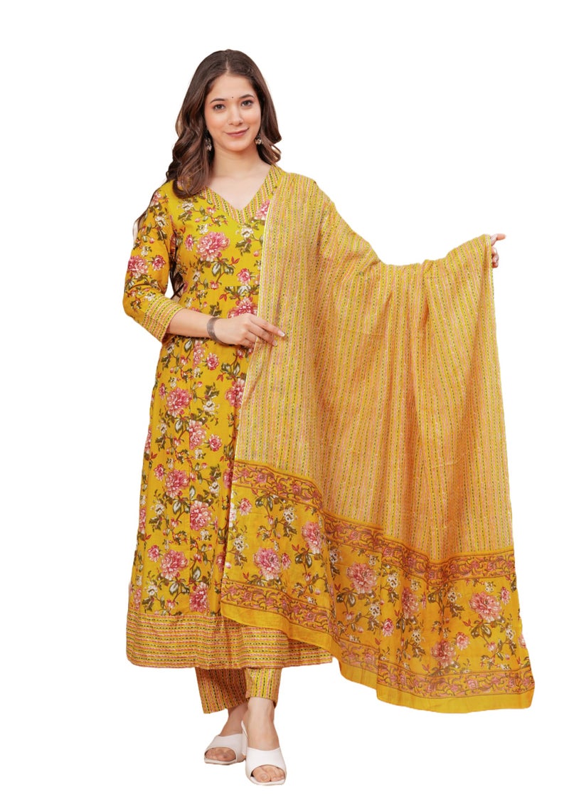 MEERA FAB Women's Pure Cotton V-Neck Anarkali Printed Kurta with Palazzo and Dupatta - Image 1
