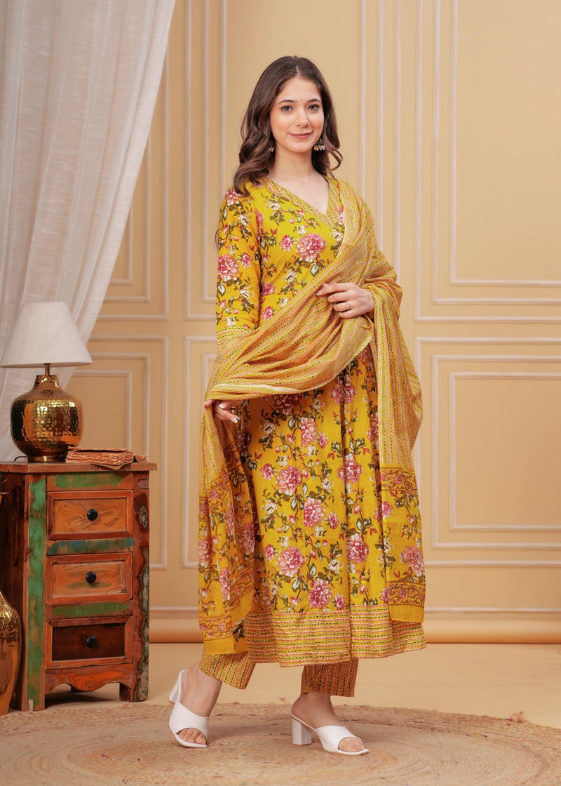 MEERA FAB Women's Pure Cotton V-Neck Anarkali Printed Kurta with Palazzo and Dupatta - Image 4