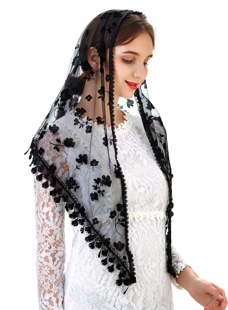 PAMOR Triangle Lace Veil Mantilla Cathedral Head Covering Chapel Veil for Mass Wedding Bridesmaids (Black 2) - Image 3