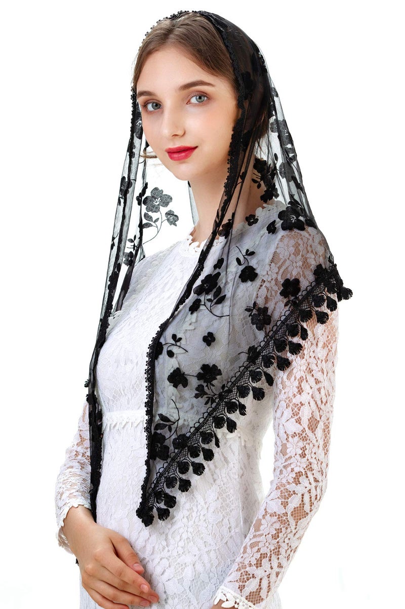 PAMOR Triangle Lace Veil Mantilla Cathedral Head Covering Chapel Veil for Mass Wedding Bridesmaids (Black 2) - Image 2