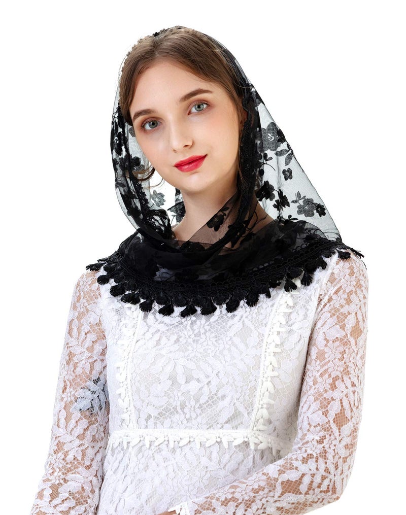 PAMOR Triangle Lace Veil Mantilla Cathedral Head Covering Chapel Veil for Mass Wedding Bridesmaids (Black 2) - Image 5