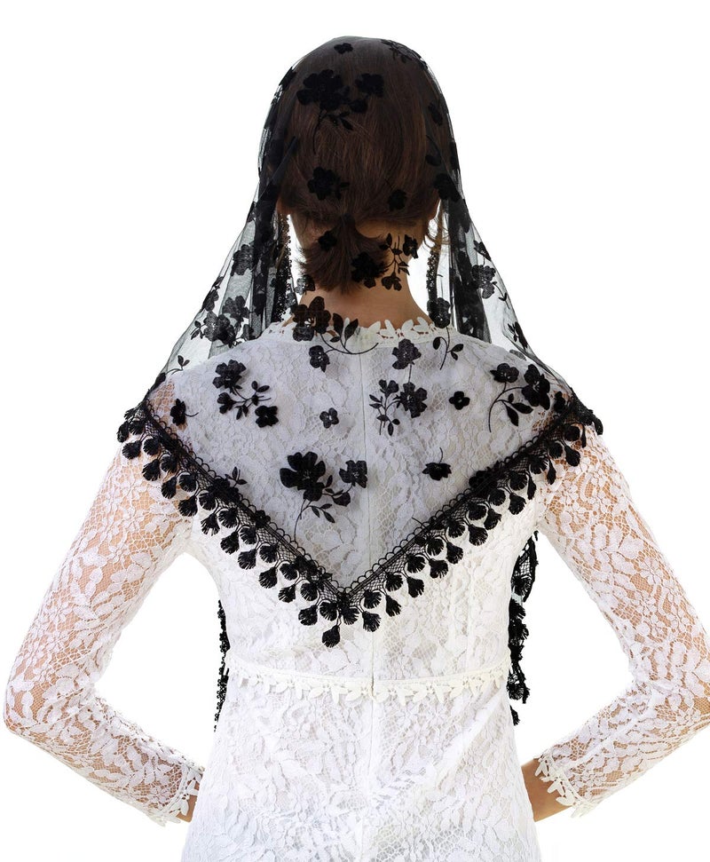 PAMOR Triangle Lace Veil Mantilla Cathedral Head Covering Chapel Veil for Mass Wedding Bridesmaids (Black 2) - Image 4