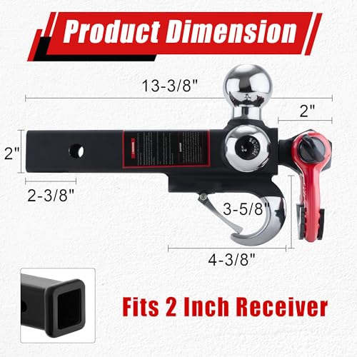 TYT Tri Ball Hitch Trailer Mount with Locks,Tow Hook & Clevis Shackle, Fits 2 inch Hitch Receiver with 2-5/16",2",1-7/8" Hitch Ball, Black - Image 2