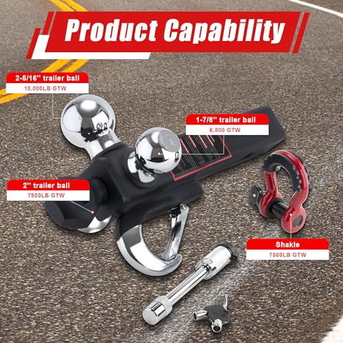 TYT Tri Ball Hitch Trailer Mount with Locks,Tow Hook & Clevis Shackle, Fits 2 inch Hitch Receiver with 2-5/16",2",1-7/8" Hitch Ball, Black - Image 3