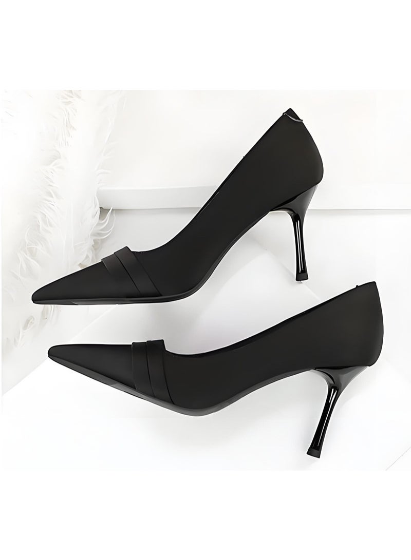 BIGTREE Women's Satin Stiletto Pumps Closed Pointed Toe High Heels Party Dress Shoes Black 8CM - Image 3