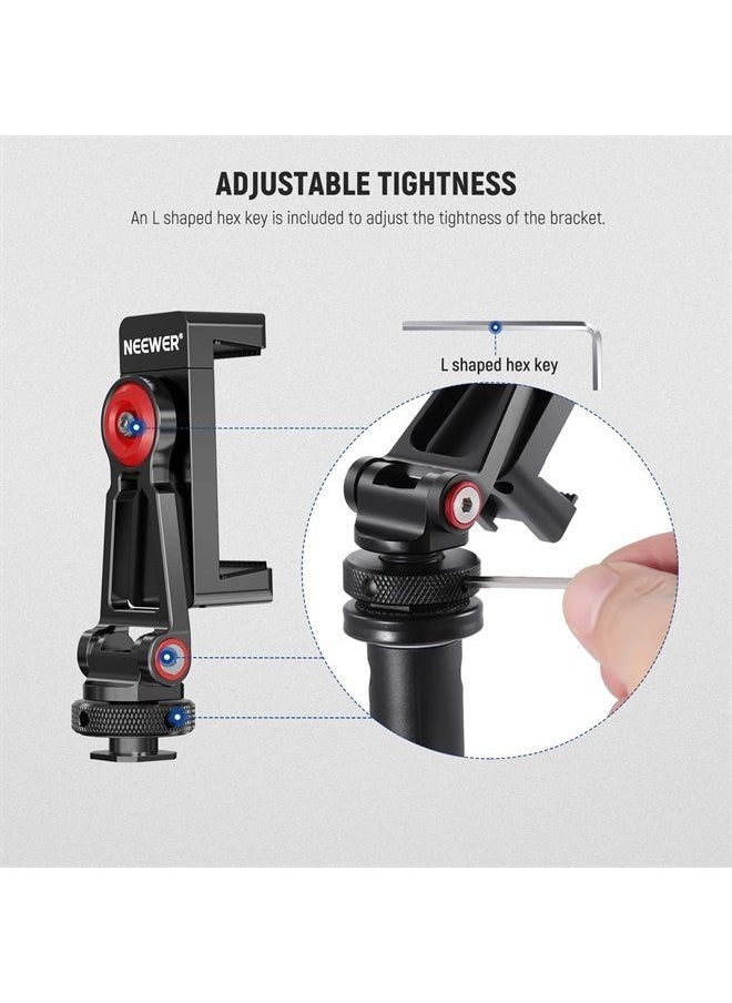 NEEWER Metal Phone Tripod Mount Adapter with Cold Shoe Base, 360° Phone Holder with 2 Cold Shoe Mount for Video Light and Mic for Vlogging, Universal Compatible with iPhone Samsung Huawei, PA001