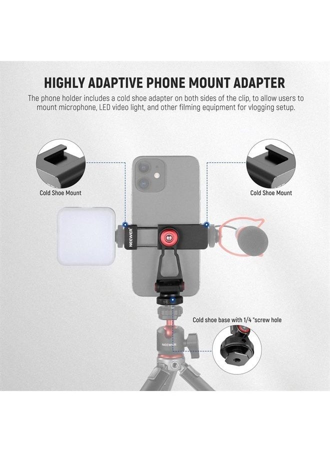 NEEWER Metal Phone Tripod Mount Adapter with Cold Shoe Base, 360° Phone Holder with 2 Cold Shoe Mount for Video Light and Mic for Vlogging, Universal Compatible with iPhone Samsung Huawei, PA001