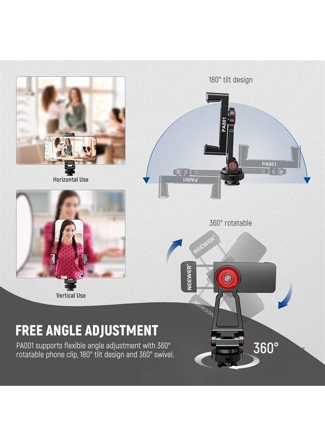 NEEWER Metal Phone Tripod Mount Adapter with Cold Shoe Base, 360° Phone Holder with 2 Cold Shoe Mount for Video Light and Mic for Vlogging, Universal Compatible with iPhone Samsung Huawei, PA001
