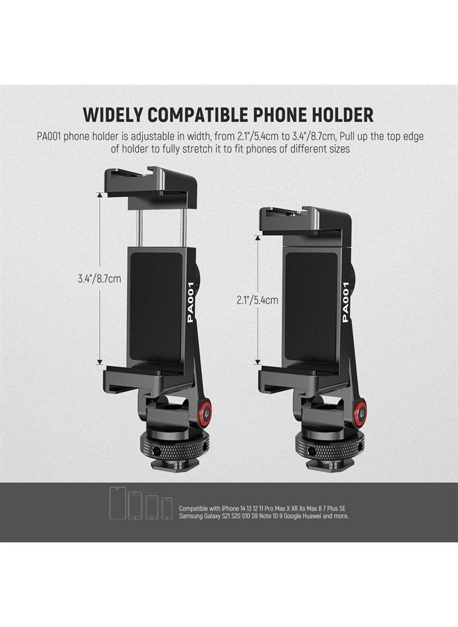 NEEWER Metal Phone Tripod Mount Adapter with Cold Shoe Base, 360° Phone Holder with 2 Cold Shoe Mount for Video Light and Mic for Vlogging, Universal Compatible with iPhone Samsung Huawei, PA001