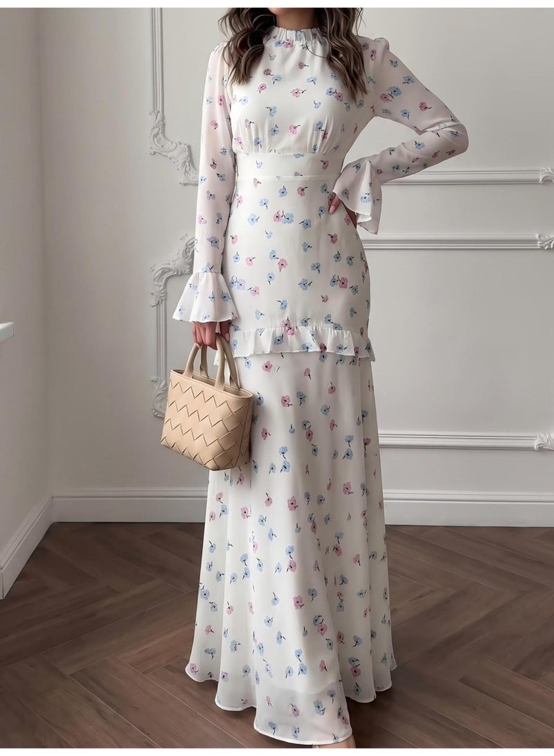 Women Turkish Floral Printed Modest Maxi Dress Frilled Neck Bell Sleeve Ruffle Hem Long Dress - Image 2