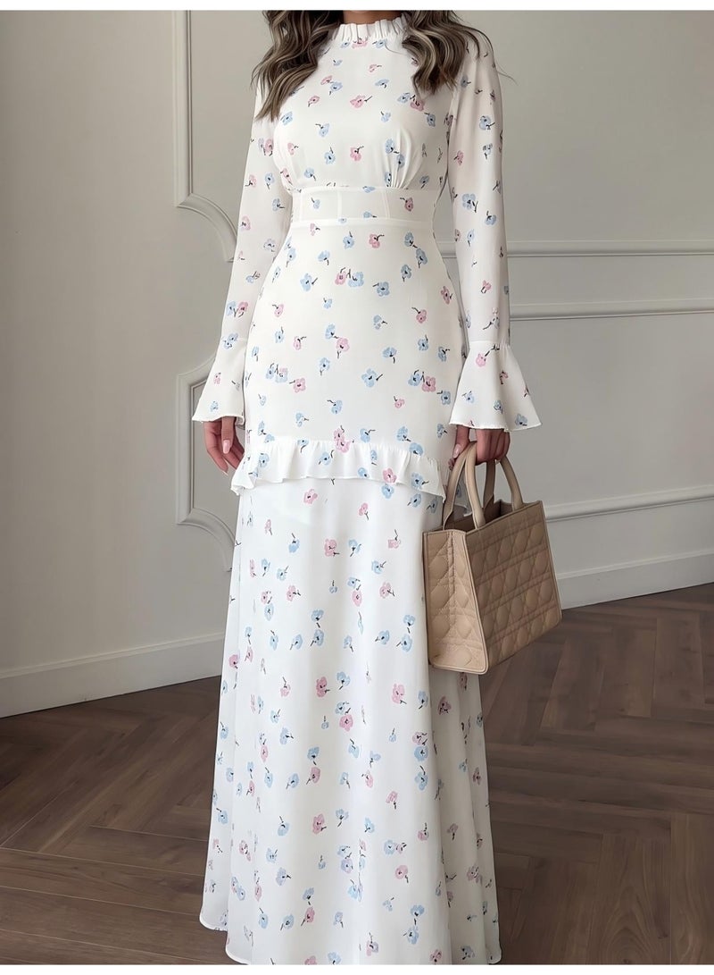 Women Turkish Floral Printed Modest Maxi Dress Frilled Neck Bell Sleeve Ruffle Hem Long Dress - Image 1