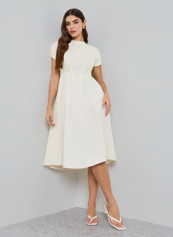 تايك تو Cream Corset Waist A-Line Midi Dress