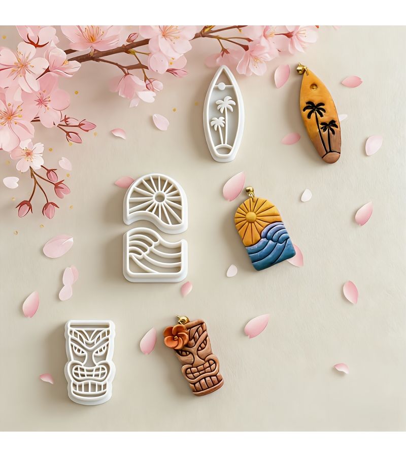 White 4 Piece Polymer Clay Cutting Mold Set Summer Beach Three Dimensional Molds For Creating Tropical Vibe Instagram Style Jewelry - Image 1