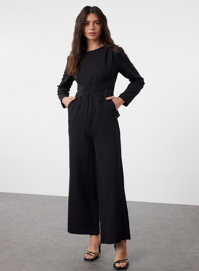 trendyol Black Accessory Detailed Double Breasted Cut Woven Jumpsuit - Image 2