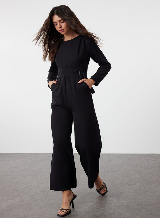 trendyol Black Accessory Detailed Double Breasted Cut Woven Jumpsuit - Image 1