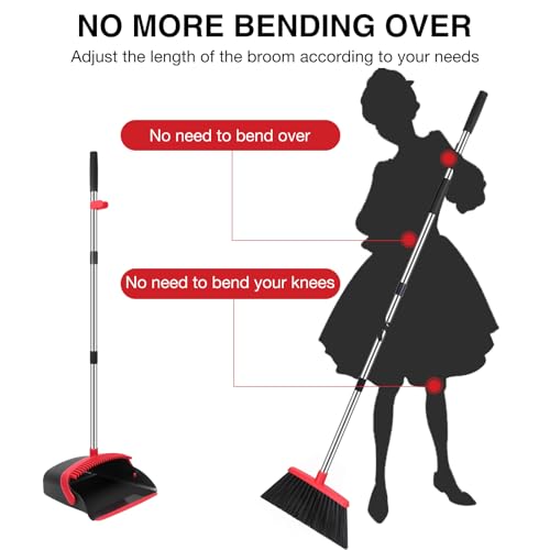 NACENA Broom and Dustpan Set, 52-in Long Adjustable Handle Broom Dustpan Combo with Dustpan Teeth to Automatically Clean Hair Suitable for Home Kitchen Office Hall Floor（Black&Red） - Image 3
