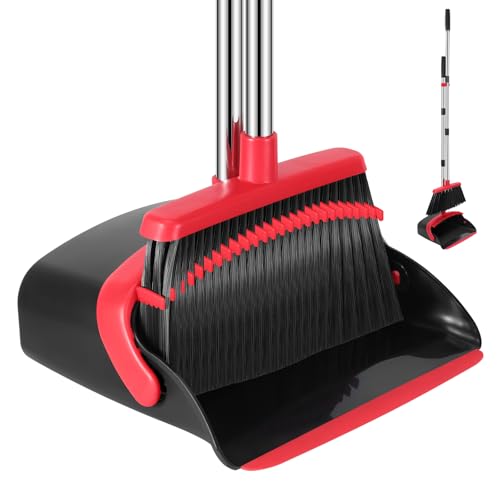 NACENA Broom and Dustpan Set, 52-in Long Adjustable Handle Broom Dustpan Combo with Dustpan Teeth to Automatically Clean Hair Suitable for Home Kitchen Office Hall Floor（Black&Red） - Image 1